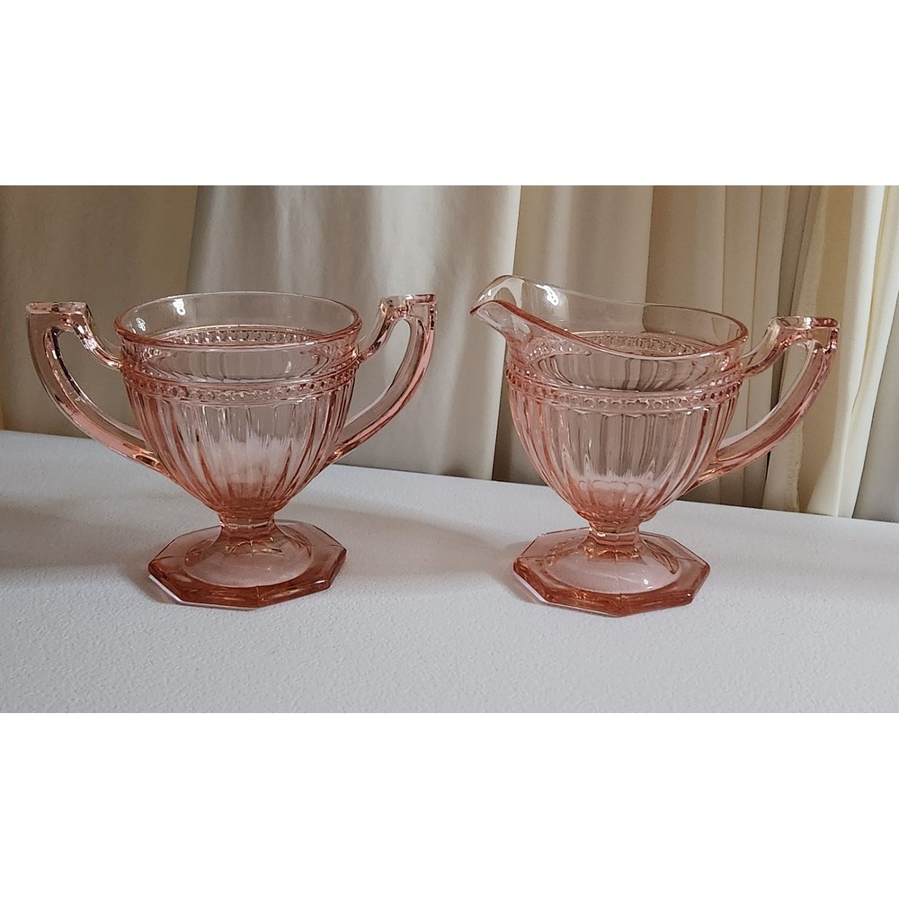 Heisey Glass Petal Pink Sugar & Creamer Set Footed Beaded Paneled Glassware